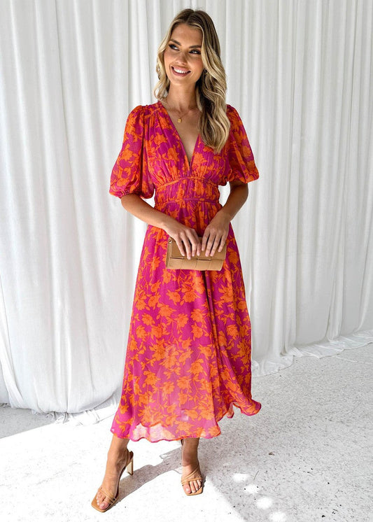 Women's Midi Dress with V-neck, Puff Sleeves and Floral Print