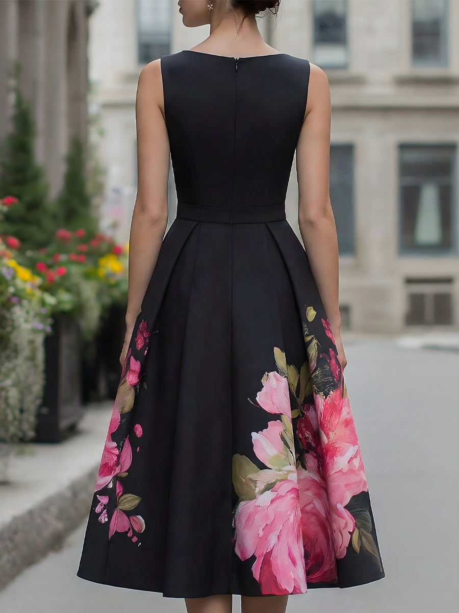 Danica | Women's Elegant Floral A-Line Wedding Guest Midi Dress with Pleated Skirt