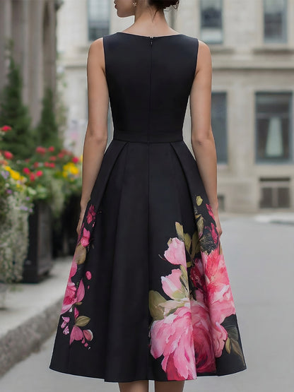 Danica | Women's Elegant Floral A-Line Wedding Guest Midi Dress with Pleated Skirt