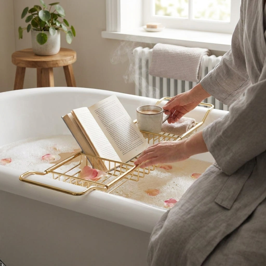 Adjustable Steel Bath Caddy Keeps Essentials Dry