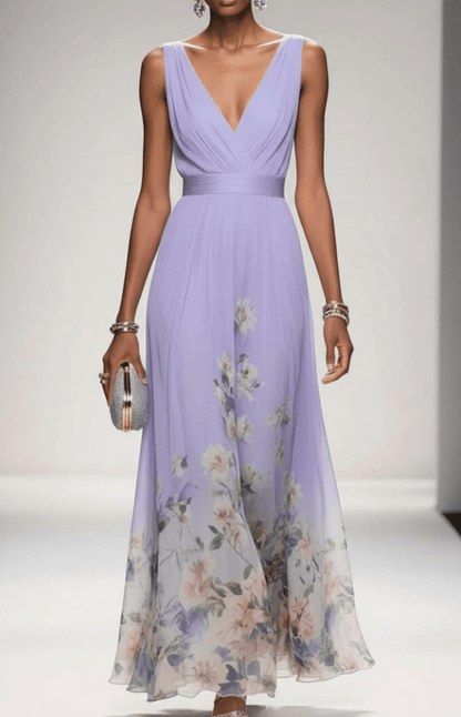 ELORIA – Elegant Floral Chiffon Maxi Dress for Women, Soft Flowing Fit