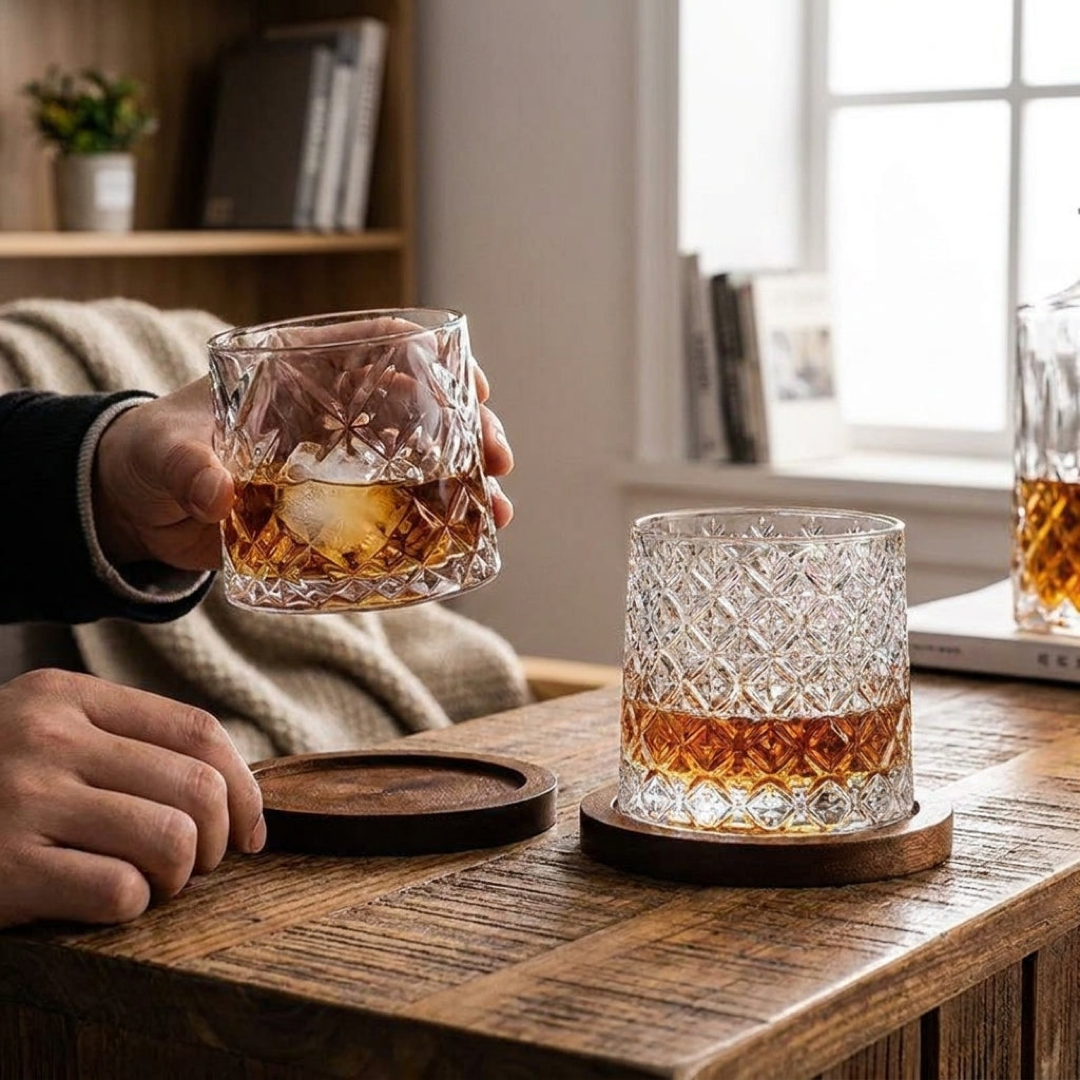 Crystal Whiskey Tumbler With Wood Coaster