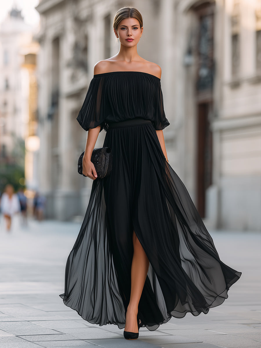 Elina | Women's Elegant Off Shoulder Formal Wedding Guest Maxi Dress with Pleated Skirt