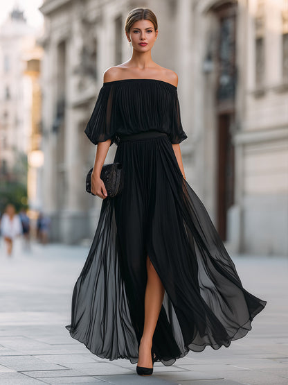 Celina | Women's Elegant Off Shoulder Formal Wedding Guest Maxi Dress with Pleated Skirt