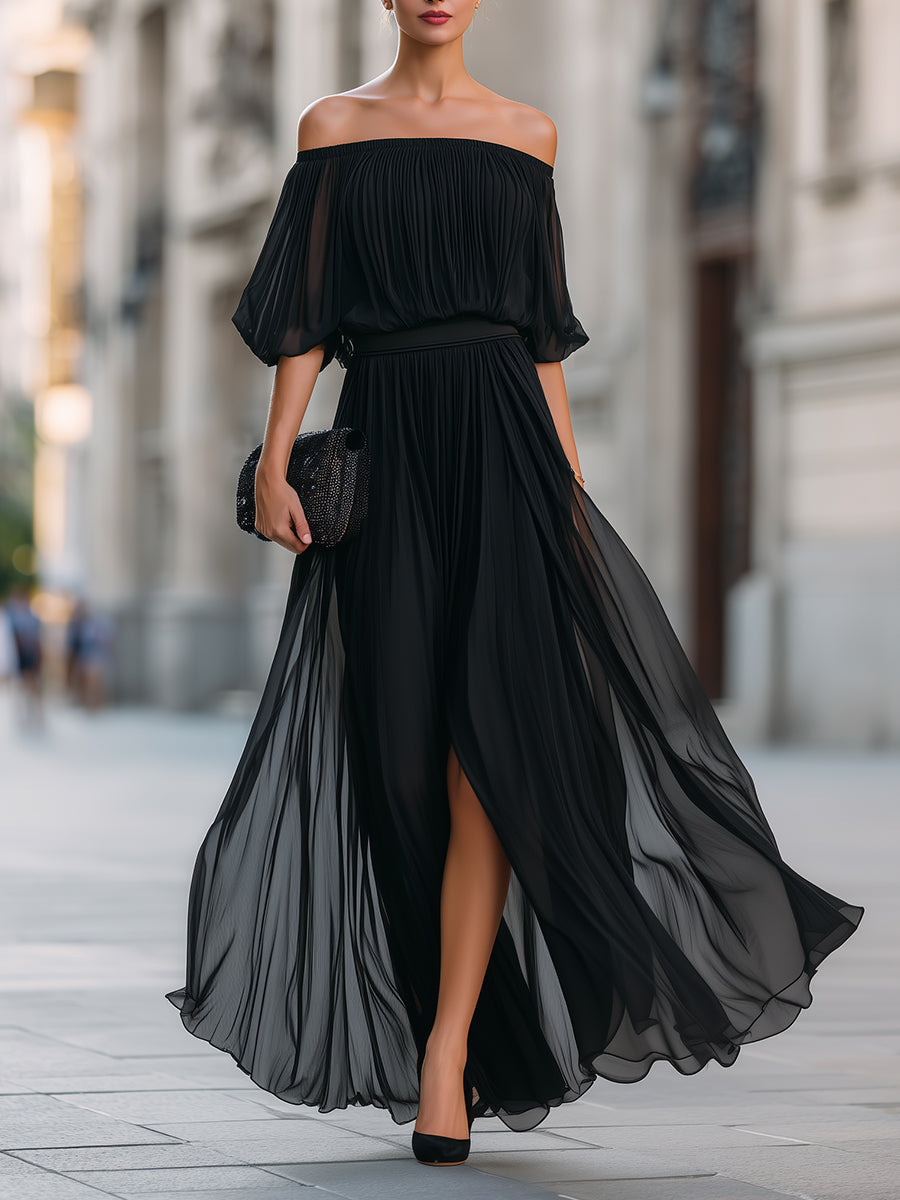 Elina | Women's Elegant Off Shoulder Formal Wedding Guest Maxi Dress with Pleated Skirt
