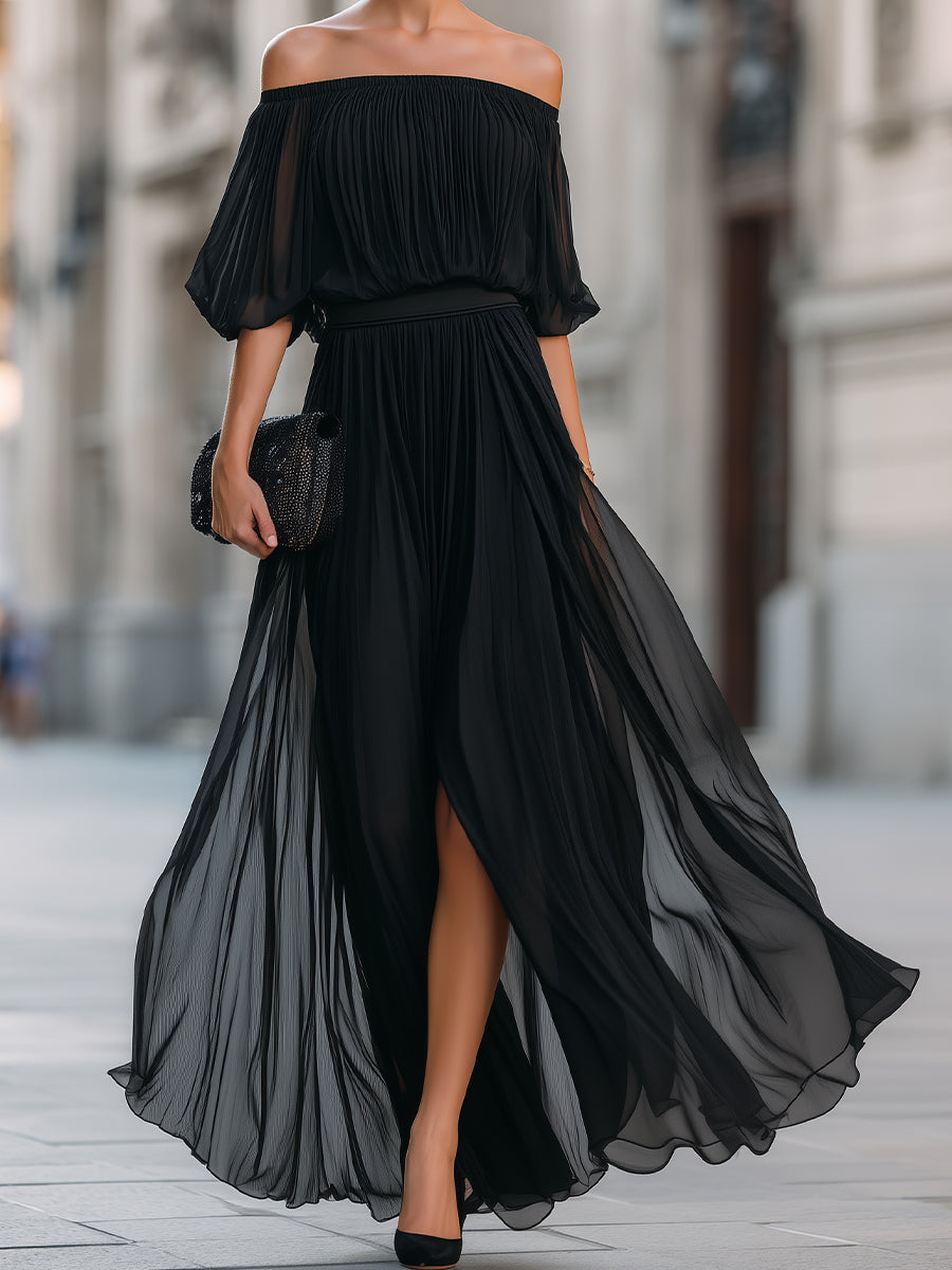 Celina | Women's Elegant Off Shoulder Formal Wedding Guest Maxi Dress with Pleated Skirt