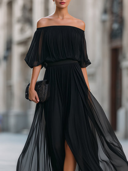 Elina | Women's Elegant Off Shoulder Formal Wedding Guest Maxi Dress with Pleated Skirt