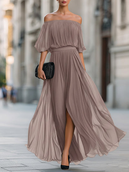 Elina | Women's Elegant Off Shoulder Formal Wedding Guest Maxi Dress with Pleated Skirt