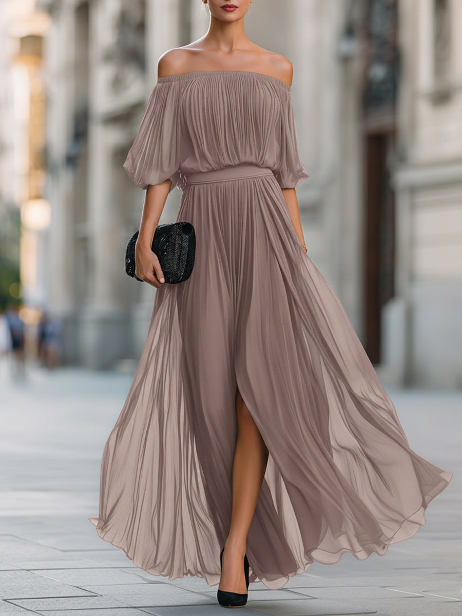 Celina | Women's Elegant Off Shoulder Formal Wedding Guest Maxi Dress with Pleated Skirt