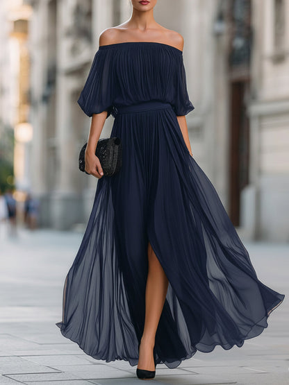 Elina | Women's Elegant Off Shoulder Formal Wedding Guest Maxi Dress with Pleated Skirt