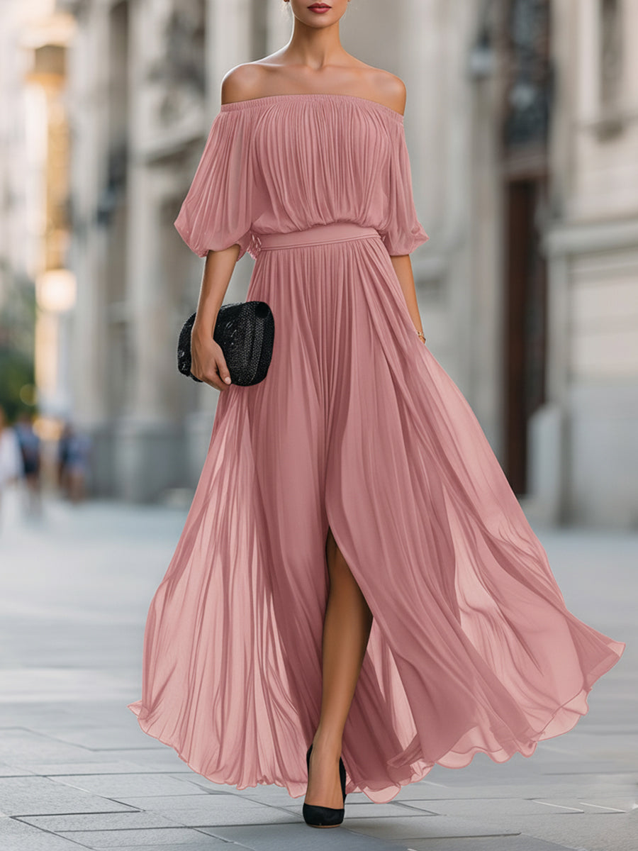 Celina | Women's Elegant Off Shoulder Formal Wedding Guest Maxi Dress with Pleated Skirt