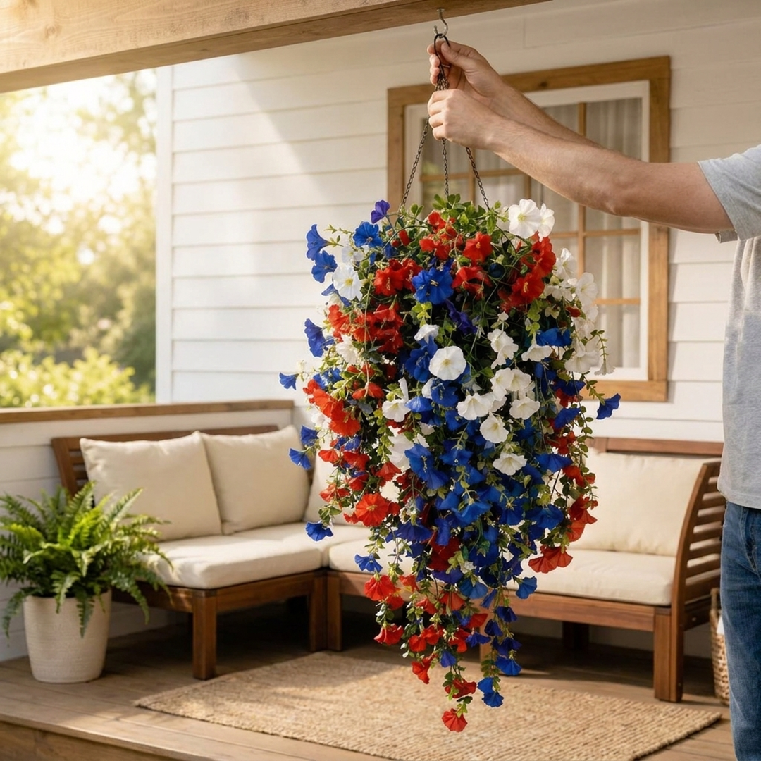 Patriotic Flower Basket With Warm Evening Glow