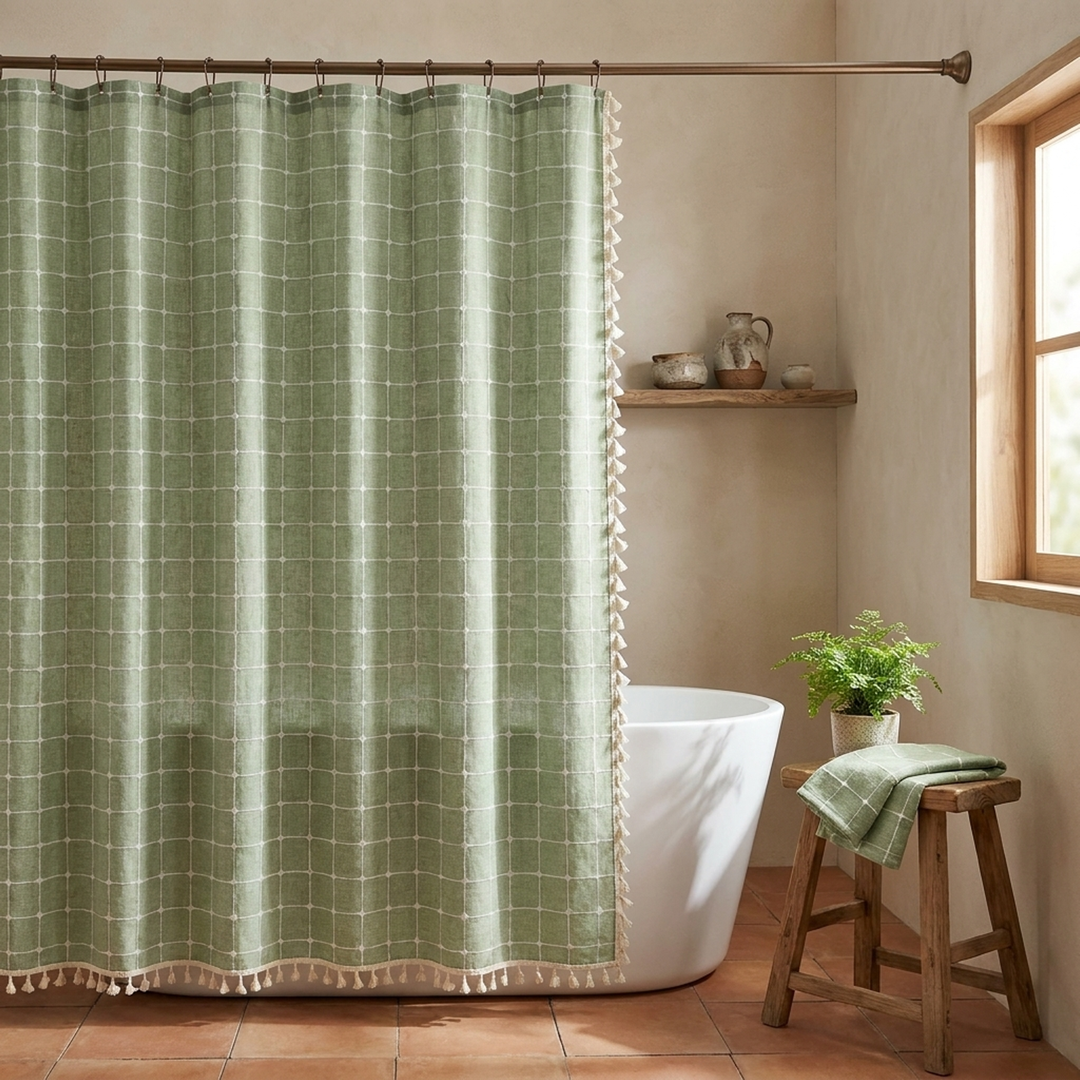 Tasseled Linen Shower Curtain for a Drier Bathroom