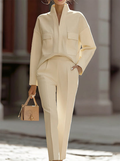 Chana | Women's Elegant Oversized Shirt & Pants Two-Piece Set with Stand Collar