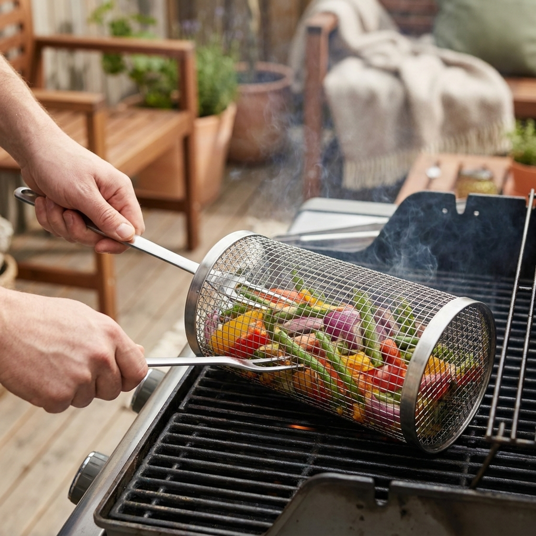 Rolling Grill Basket for Hands-Free Cooking