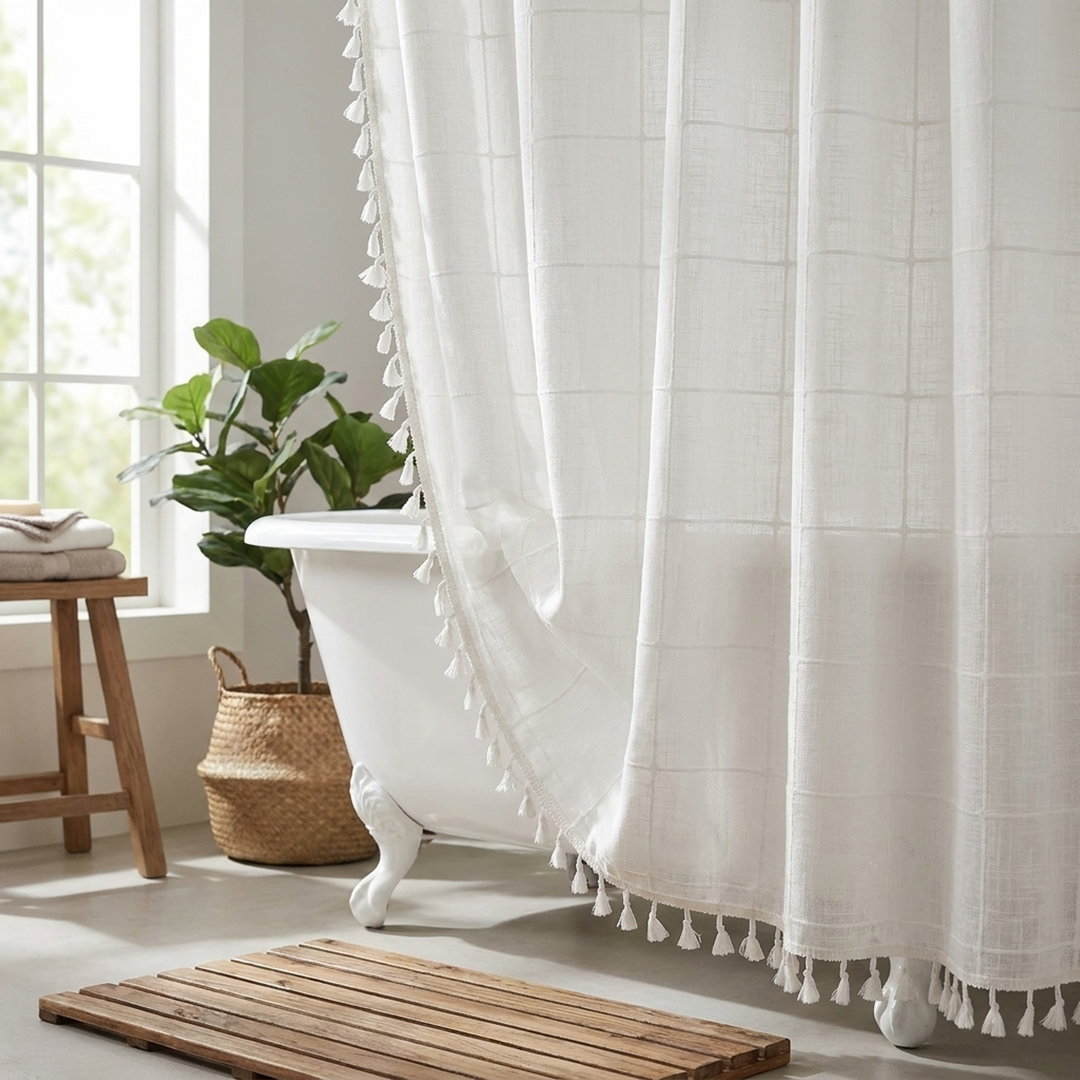 Tasseled Linen Shower Curtain for a Drier Bathroom