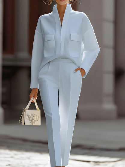 Chana | Women's Elegant Oversized Shirt & Pants Two-Piece Set with Stand Collar
