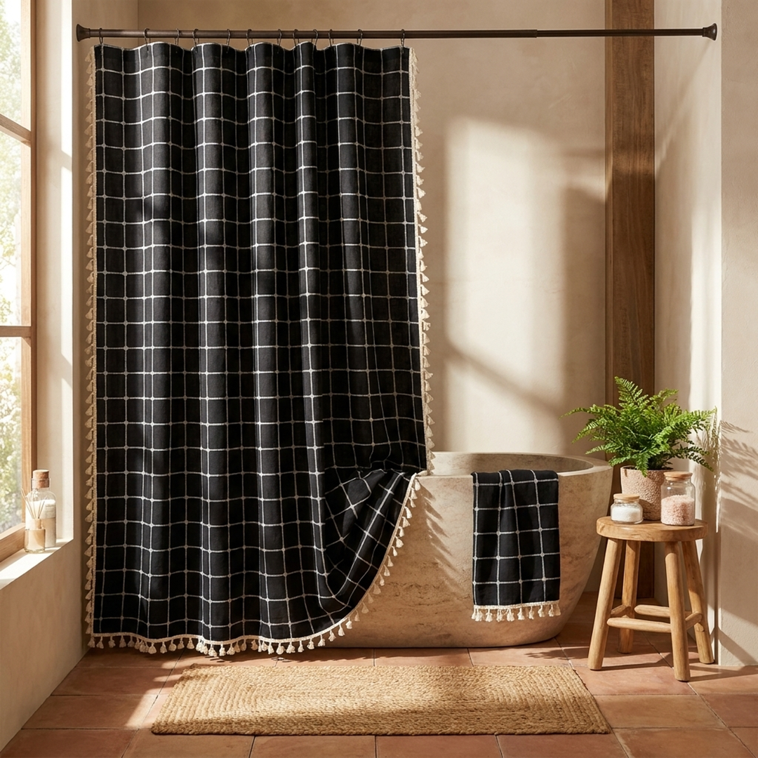 Tasseled Linen Shower Curtain for a Drier Bathroom