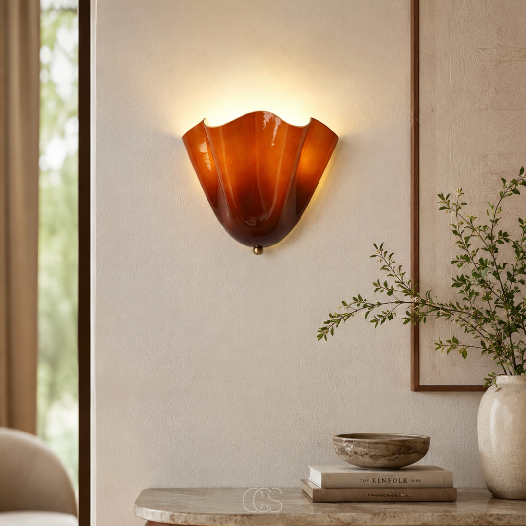 Sculpted Amber Glass Sconce for Glare-Free Warmth