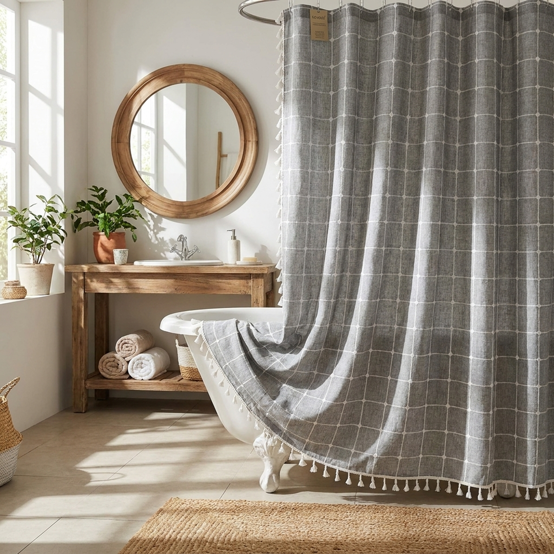 Tasseled Linen Shower Curtain for a Drier Bathroom