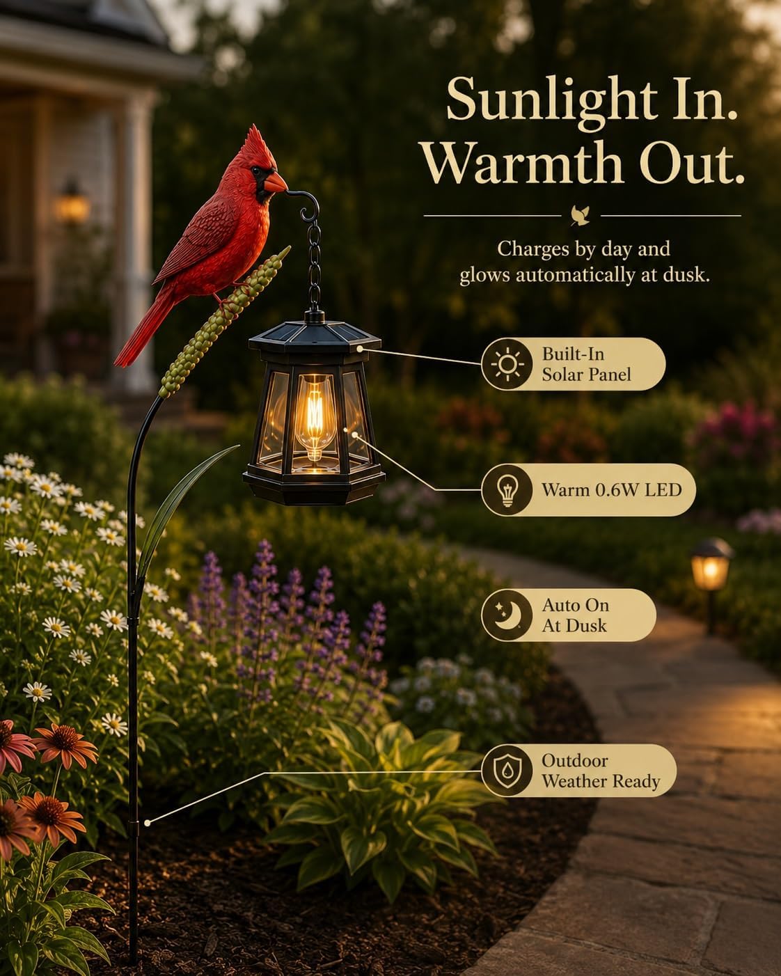 Cardinal Solar LED Light For Warm Garden Glow