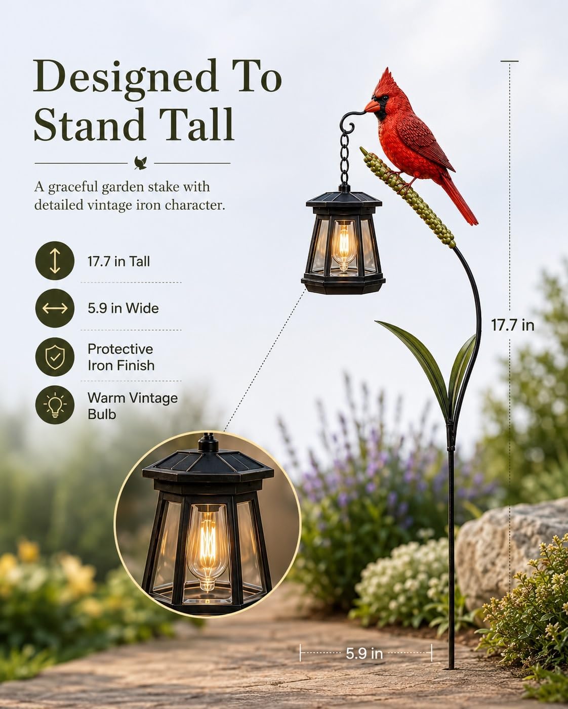Cardinal Solar LED Light For Warm Garden Glow
