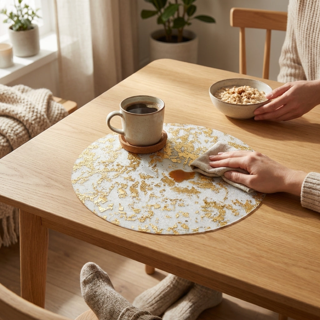 Shimmering Foil Placemats for Effortless Cleanup
