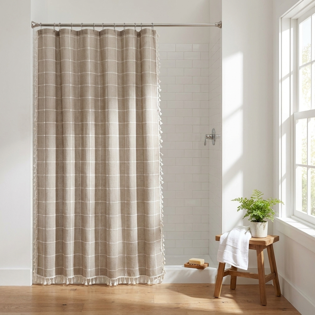 Tasseled Linen Shower Curtain for a Drier Bathroom
