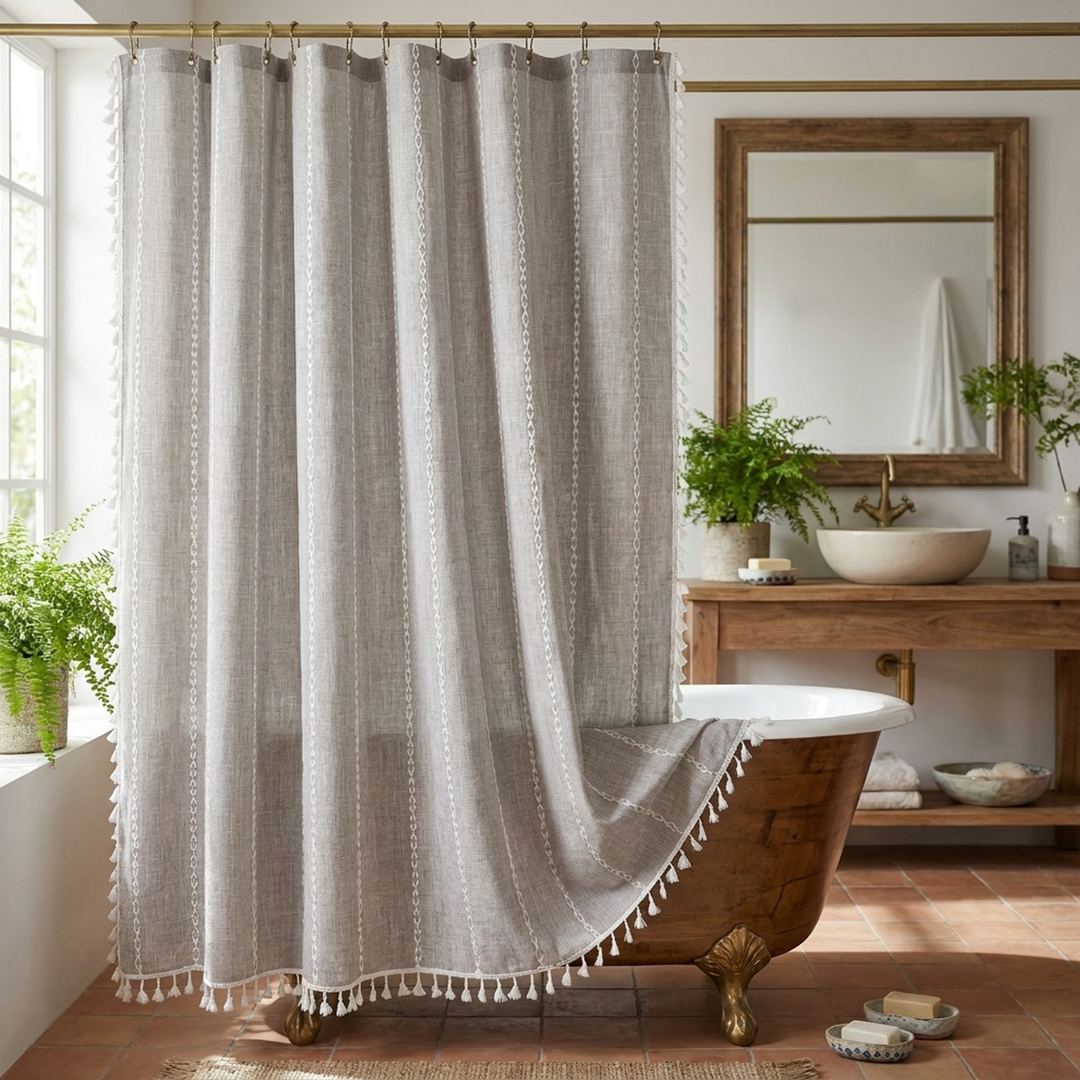 Tasseled Linen Shower Curtain for a Drier Bathroom