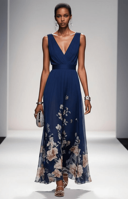 ELORIA – Elegant Floral Chiffon Maxi Dress for Women, Soft Flowing Fit