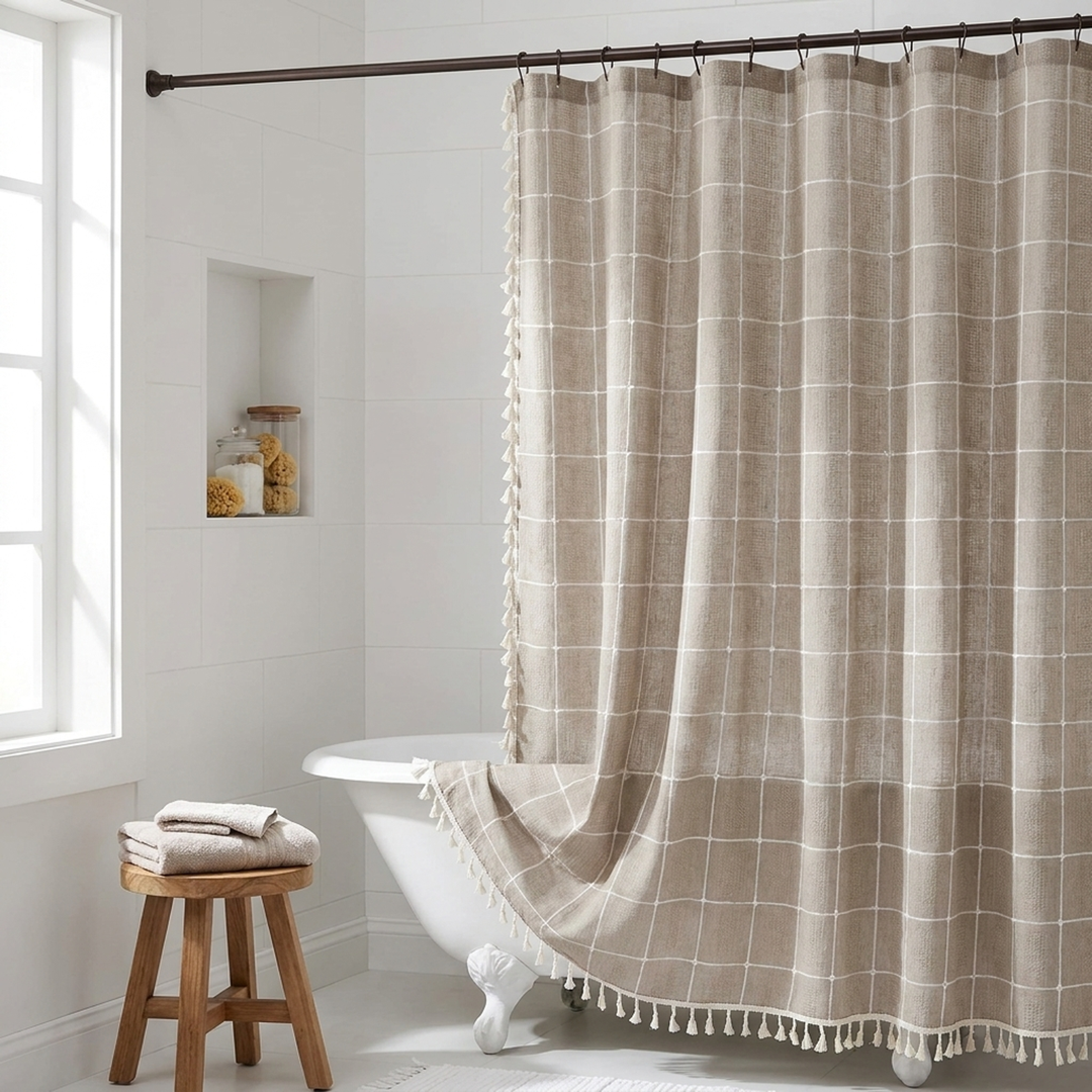 Tasseled Linen Shower Curtain for a Drier Bathroom