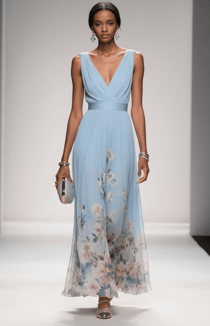 ELORIA – Elegant Floral Chiffon Maxi Dress for Women, Soft Flowing Fit