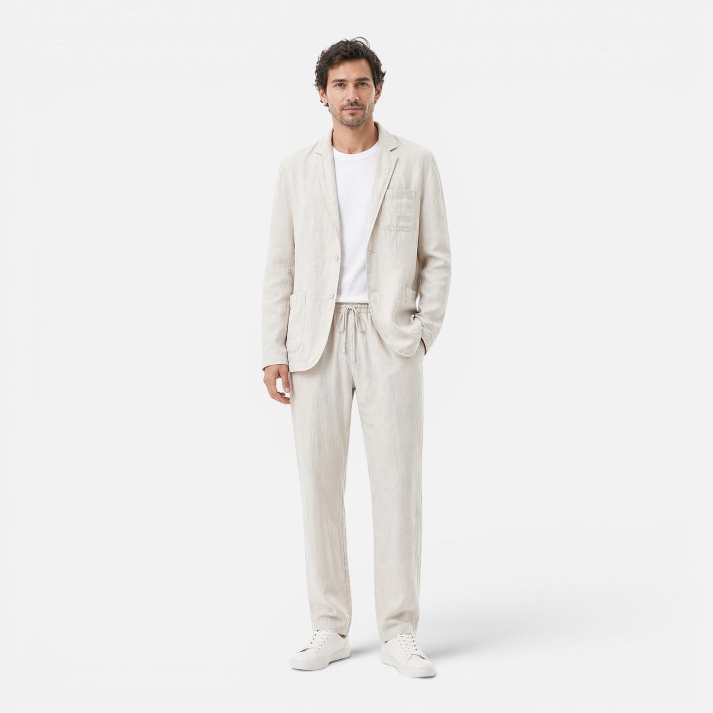 Men's Linen Two-Piece Suit Set - Blazer and Elastic Waist Pants