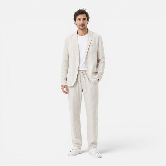 Men's Linen Two-Piece Suit Set - Blazer and Elastic Waist Pants