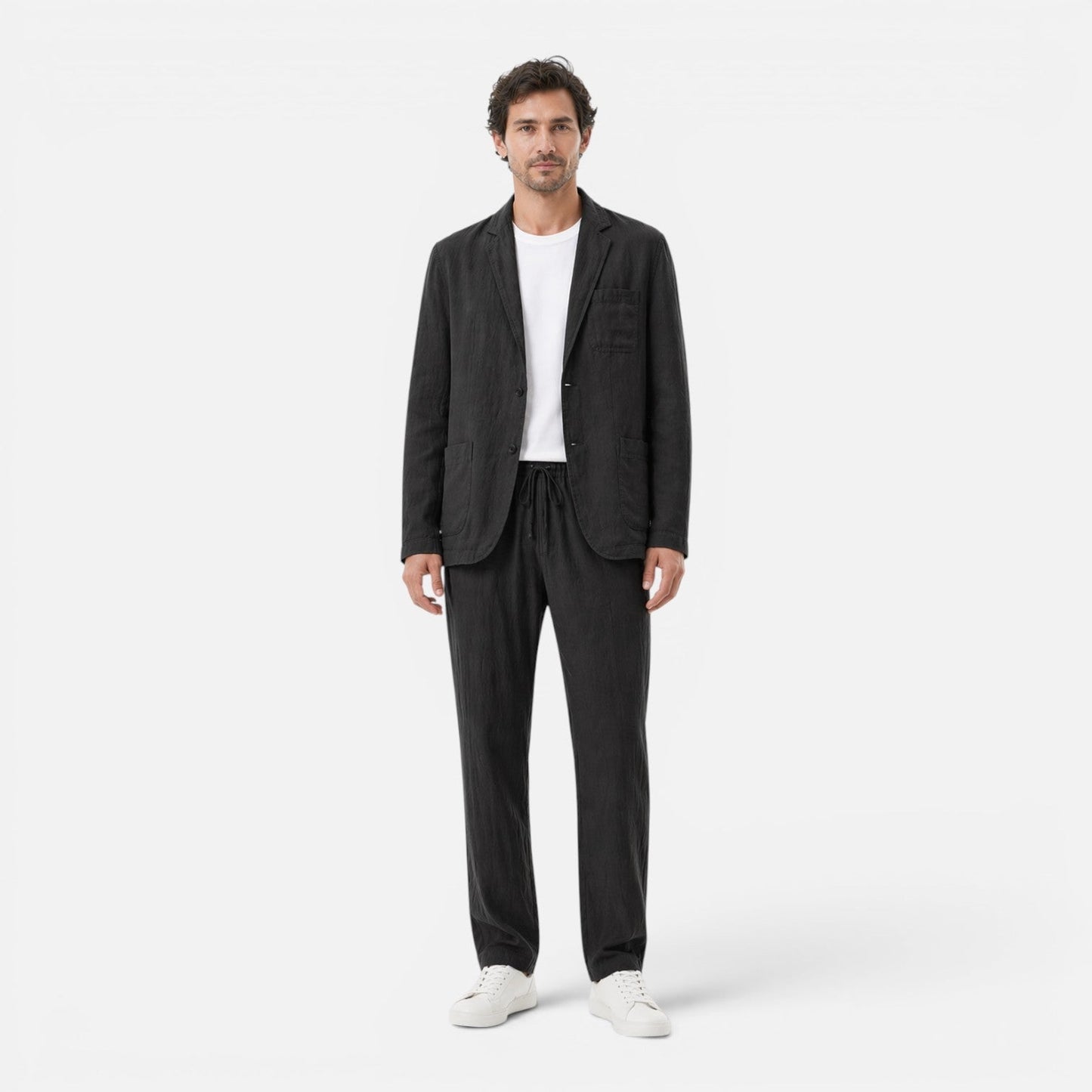 Men's Linen Two-Piece Suit Set - Blazer and Elastic Waist Pants