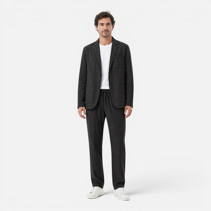 Men's Linen Two-Piece Suit Set - Blazer and Elastic Waist Pants