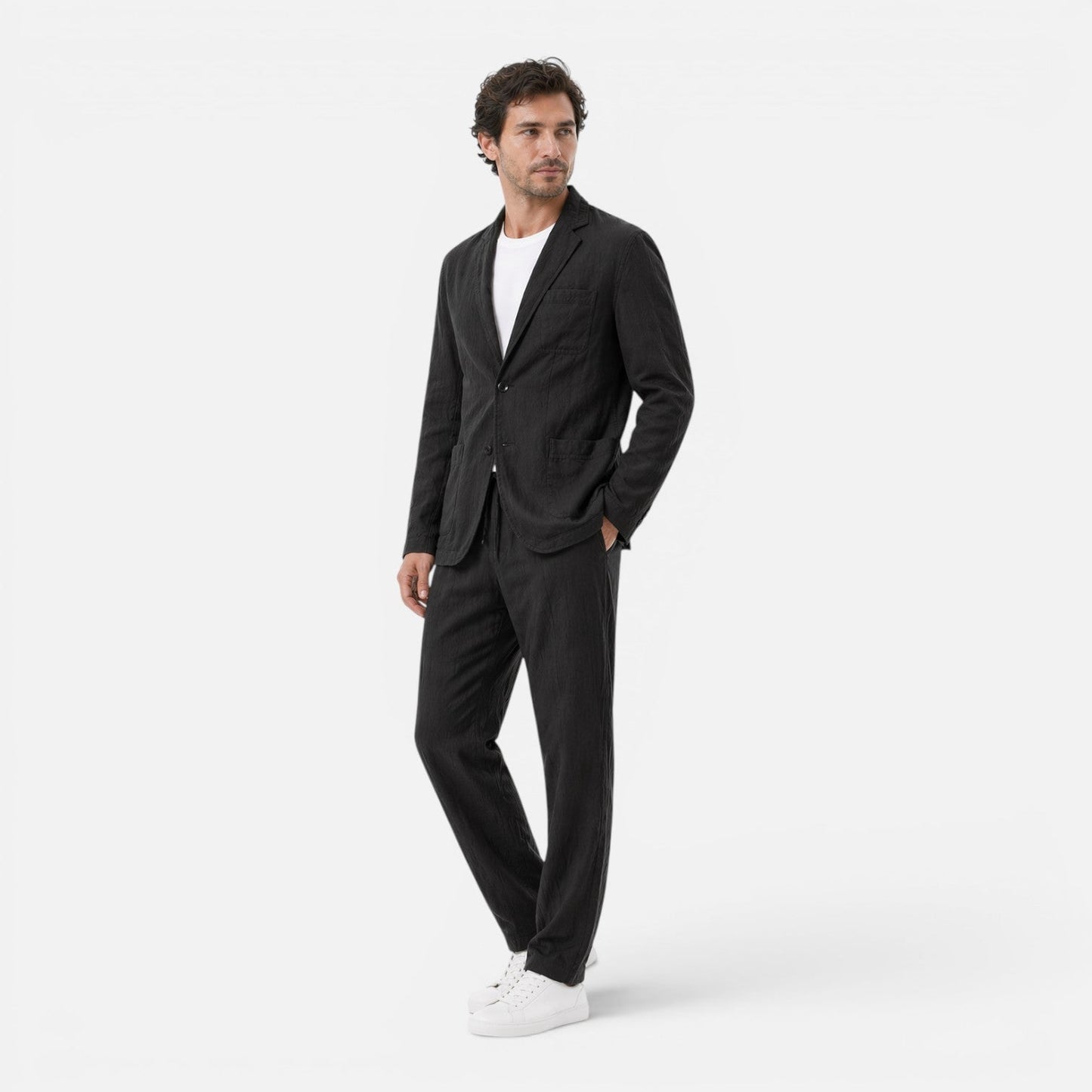 Men's Linen Two-Piece Suit Set - Blazer and Elastic Waist Pants