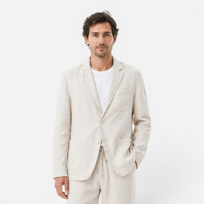 Men's Linen Two-Piece Suit Set - Blazer and Elastic Waist Pants