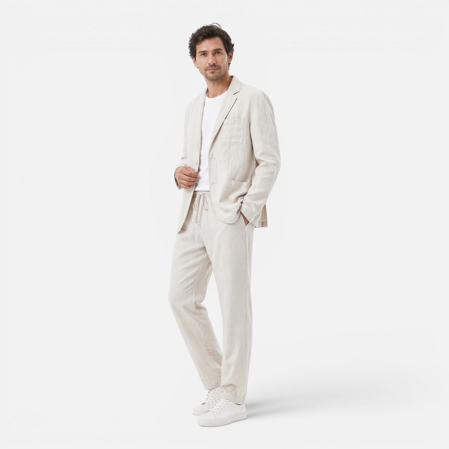 Men's Linen Two-Piece Suit Set - Blazer and Elastic Waist Pants