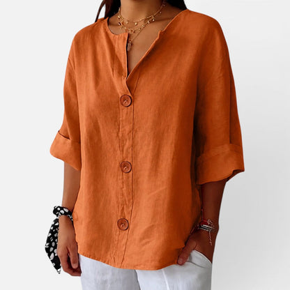 Linen blouse with button placket and half sleeves