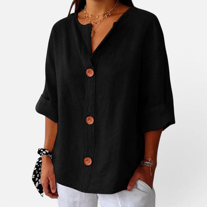 Linen blouse with button placket and half sleeves