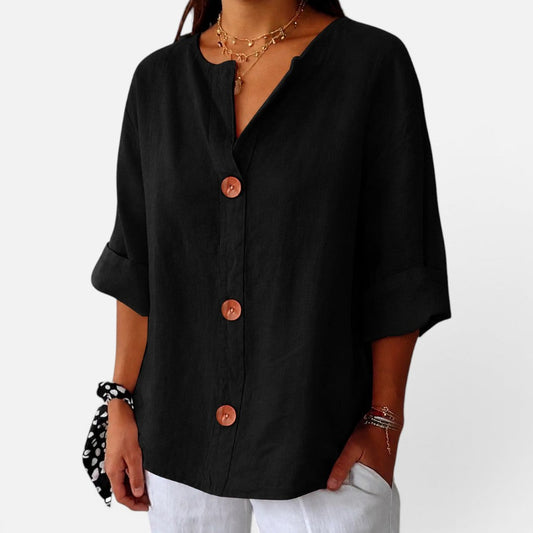 Linen blouse with button placket and half sleeves