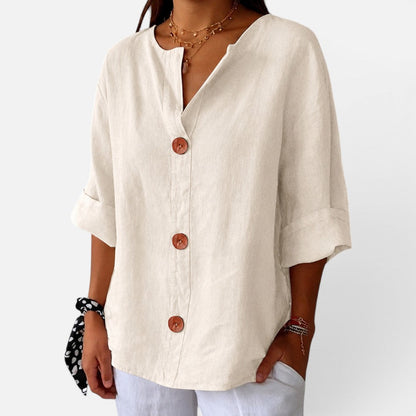 Linen blouse with button placket and half sleeves