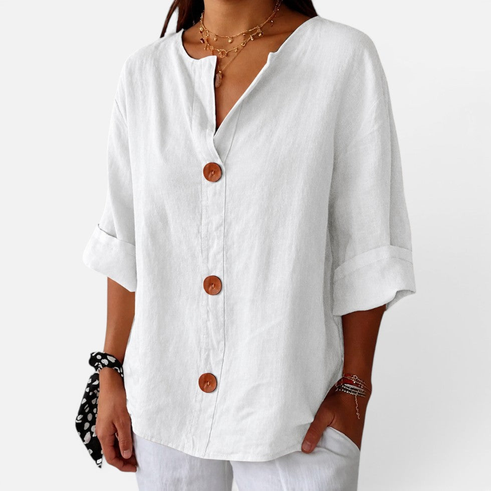 Linen blouse with button placket and half sleeves
