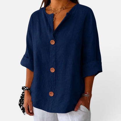Linen blouse with button placket and half sleeves