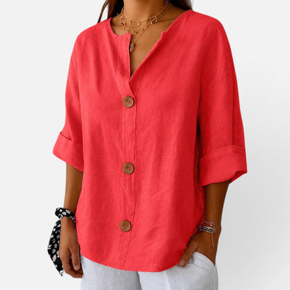 Linen blouse with button placket and half sleeves