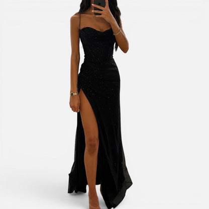 Glitter maxi dress with leg slit and spaghetti straps