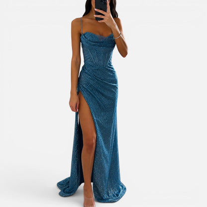 Glitter maxi dress with leg slit and spaghetti straps