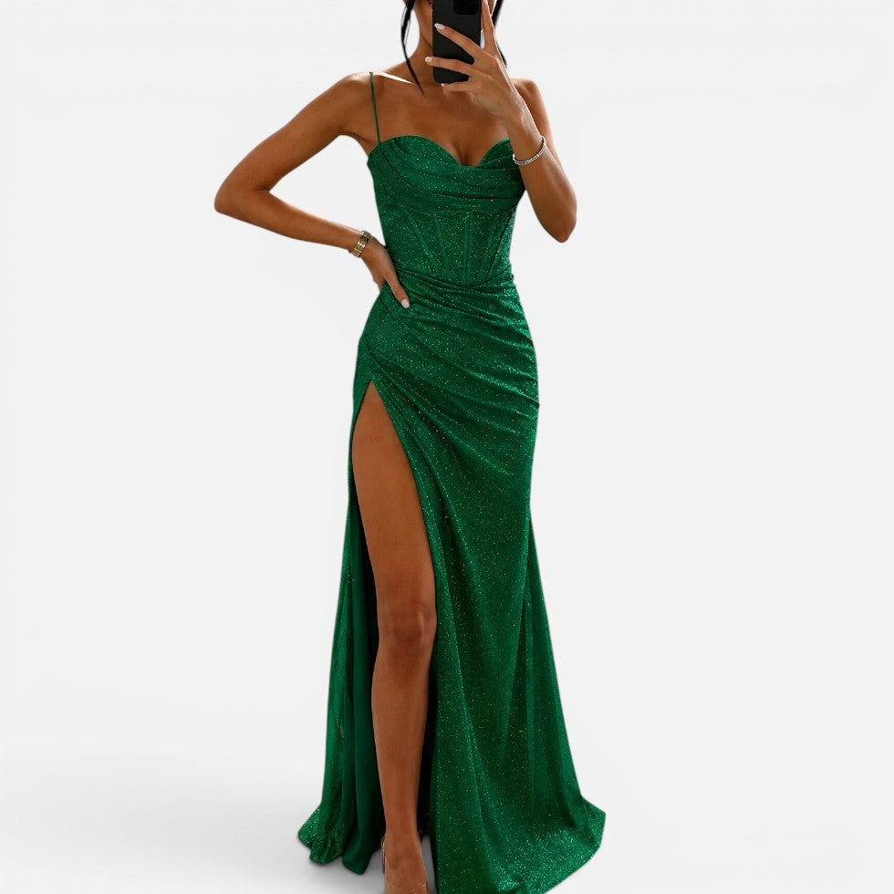 Glitter maxi dress with leg slit and spaghetti straps