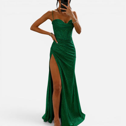 Glitter maxi dress with leg slit and spaghetti straps
